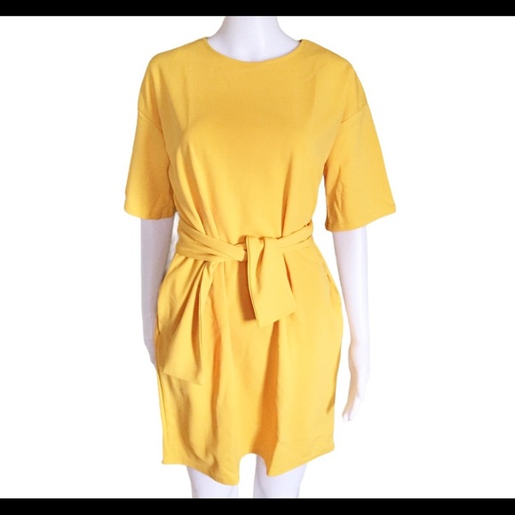 NWT BOOHOO Structured Tie Waist Dress With Scoop Neck Mustard Yellow Size 4 - Picture 4 of 12